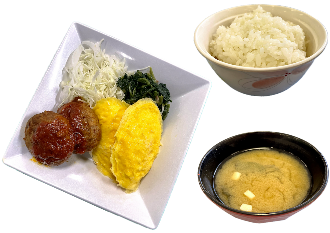 【朝食】トマトハンバーグ オムレツ定食（納豆or生卵付き）