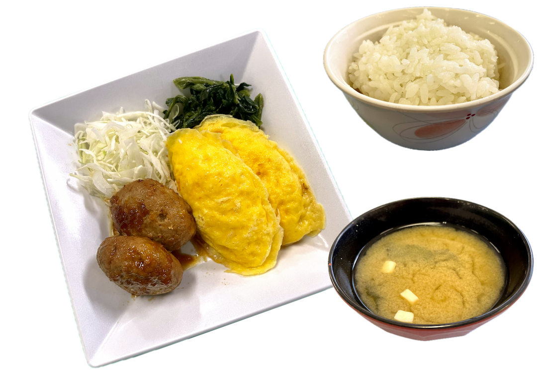 【朝食】おろしハンバーグオムレツ定食（納豆or生卵付き）